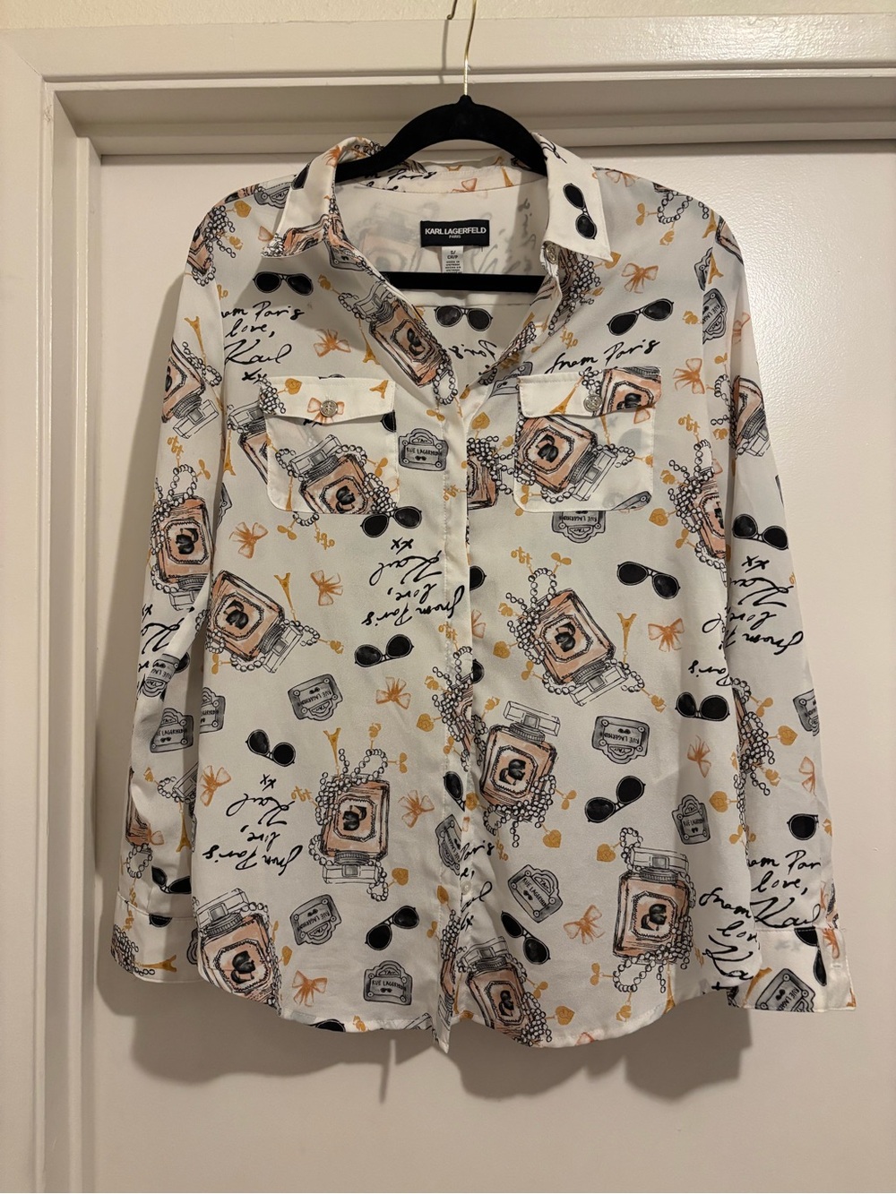 Karl Lagerfeld Paris Whimsical Perfume Print Long Sleeve Blouse Size S